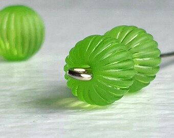 24 Green Fluted Round Acrylic Beads Corrugated Matte Finish 10mm