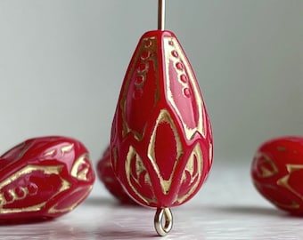 Red Gold Carved Acrylic Drop Beads Etched Teardrop 21mm (12)