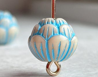 Carved Ivory Blue Round Round Acrylic Lotus Flower Artichoke Beads 10mm (16)
