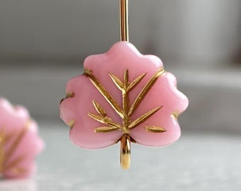 Milky Pink Gold Inlay Carved Acrylic Leaf Beads 13mm (16)