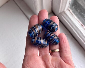 Vintage Blue White Aventurine Shimmer Oval Glass Lampwork Art Beads 25mm (2)
