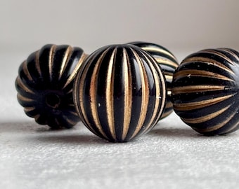 Schwarz Gold geriffelte runde Acryl Perlen 16 mm Kürbis (10)