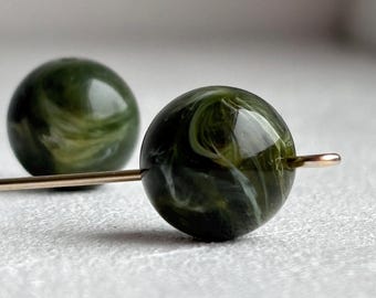 Opaque Olive Green White Marbled Round Acrylic Beads 12mm (14)