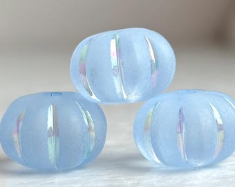 Frosted Fluted Blue Acrylic Rondelle Squashed Melon Beads AB Matte 12x9mm (14)