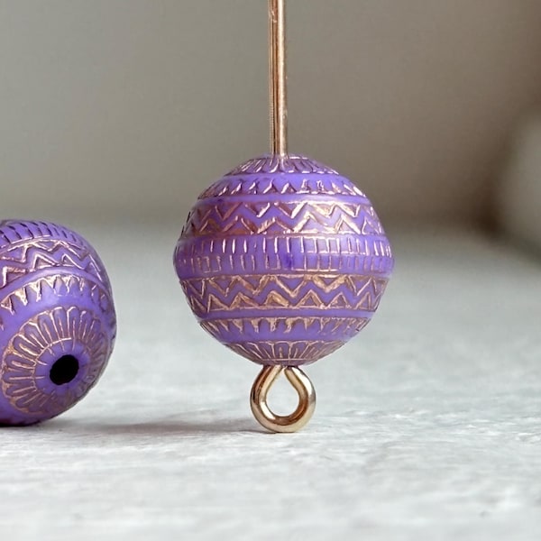 Purple Gold Etched Acrylic Round Beads Carved 11mm (20)