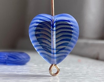 Vintage Czech Glass Blue Striped Givre Heart Beads Matte Frame 15mm (6)