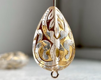 Chunky Crystal Clear Gold Etched Teardrop Acrylic Chubby Drop Beads 26mm (6)