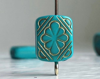 Etched Turquoise Gold Acrylic Rectangle Beads Carved Tab 12mm (30)