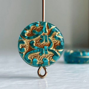 16 Teal Gold Acrylic Carved Coin Beads 14mm