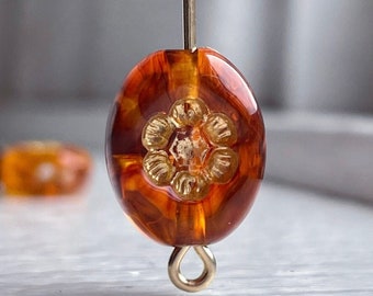 Etched Tortoiseshell Tortoise Gold Acrylic Dimpled Oval Beads 14mm (12)