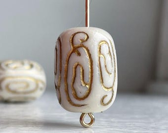 Ivory Gold Acrylic Carved Etched Drum Barrel Beads 19mm (10)
