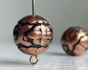Vintage Copper Round Ornate Carved Lucite Beads 14mm (10)