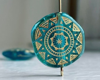 Teal Gold Acrylic Carved Coin Pillow Beads 18mm (12)