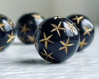 Carved Round Black Gold Acrylic Star Beads Etched 12mm (16)