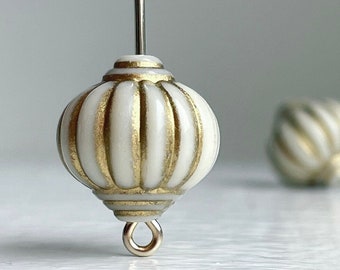 Acrylic Beads Ivory Gold Fluted Lantern 14mm Ornate Carved (12)