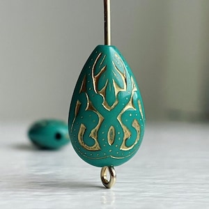 Turquoise Gold Etched Teardrop Acrylic Flat Drop Beads 18mm (12)