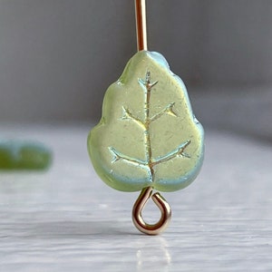 Vintage Czech Pressed Glass Carved Light Green Leaf Beads Fire Polished Matte 12x10mm (12)