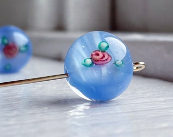 Cuentas de cristal vintage con diseño floral de rosas, color azul claro, rosa y verde, 15 mm (2)