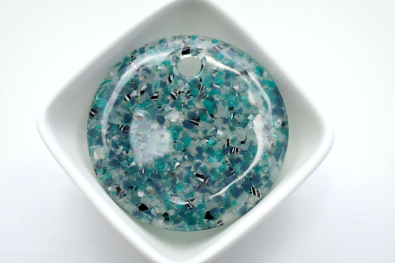 1 HUGE Teal Confetti Round Resin Shell Inclusion Coin Abalone Pendant 66mm