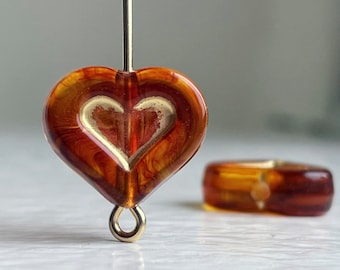 Tortoiseshell Tortoise Gold Carved Acrylic Heart Beads 15mm (12)