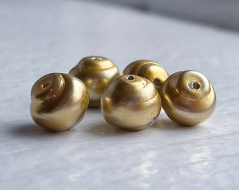 Vintage Czech Glass Pearly Gold Swirly Spiral Rondelle Beads 8x7mm (14)