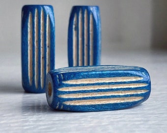 Vintage Blue Carved Ribbed Fluted Oval Wood Beads Wooden 30mm (6)