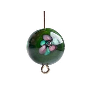 Vintage Glass Lampwork Green Pink Floral Rose Beads 15mm (2) Japan