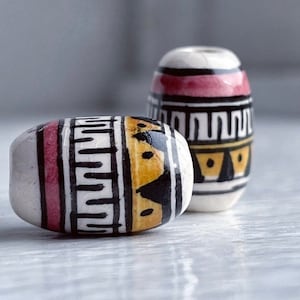 Hand Painted Peruvian Ceramic Porcelain Oval Pink Yellow White Black Beads 16mm (6)