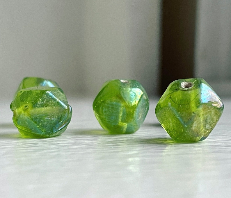 Vintage India Glass Green Baroque Nugget Beads AB 13mm 10 image 5