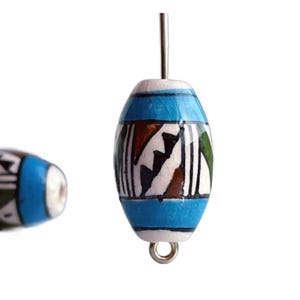 Hand Painted Peruvian Ceramic Porcelain Oval Blue Brown Green White Beads 18mm (6)
