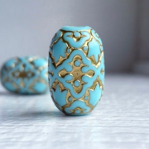 Blue Gold Etched Acrylic Carved Oval Beads 21mm (8)