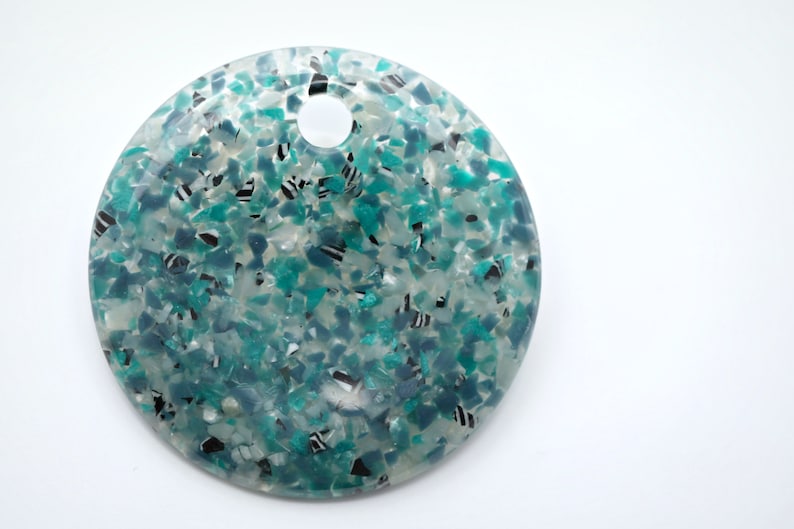 1 HUGE Teal Confetti Round Resin Shell Inclusion Coin Abalone Pendant 66mm