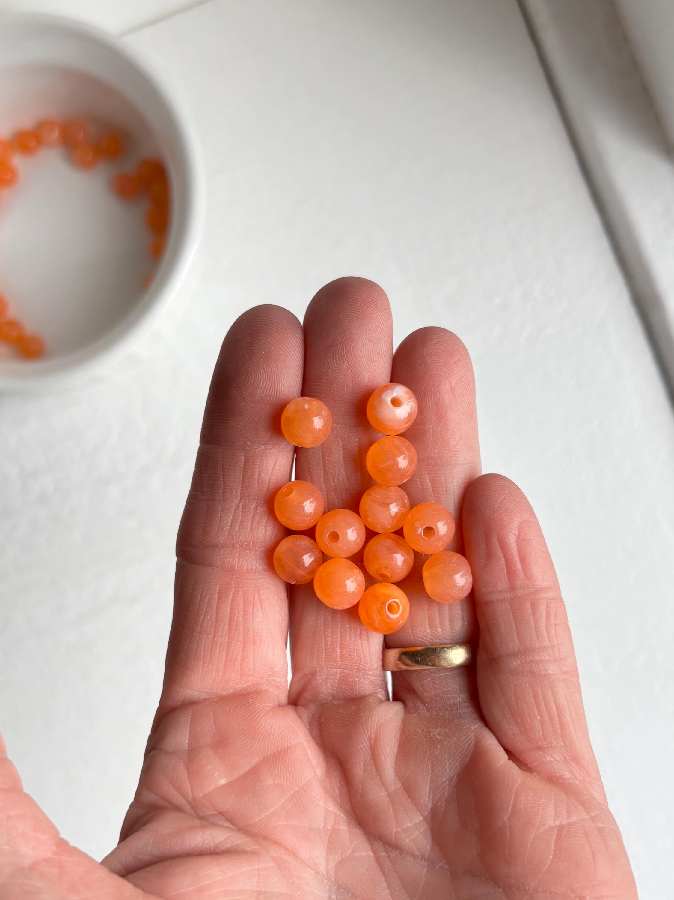 Lot De 25 Perles Acryliques Rondes Marbrées Orange Et Blanc 8mm - Neuf, Pour Création De Bijoux