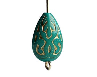 Turquoise Gold Etched Teardrop Acrylic Flat Drop Beads 18mm (12)