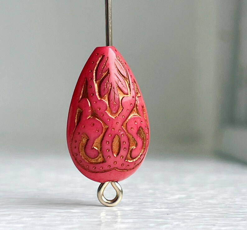 Deep Raspberry Pink Gold Etched Teardrop Acrylic Flat Drop Beads 18mm ...