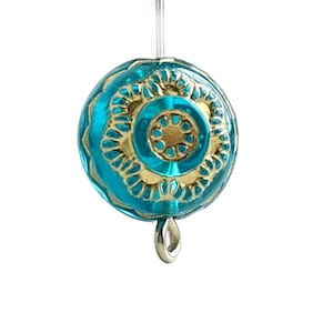 Carved Teal Gold Acrylic Ornate Floral Coin Pillow Beads 13mm (12)