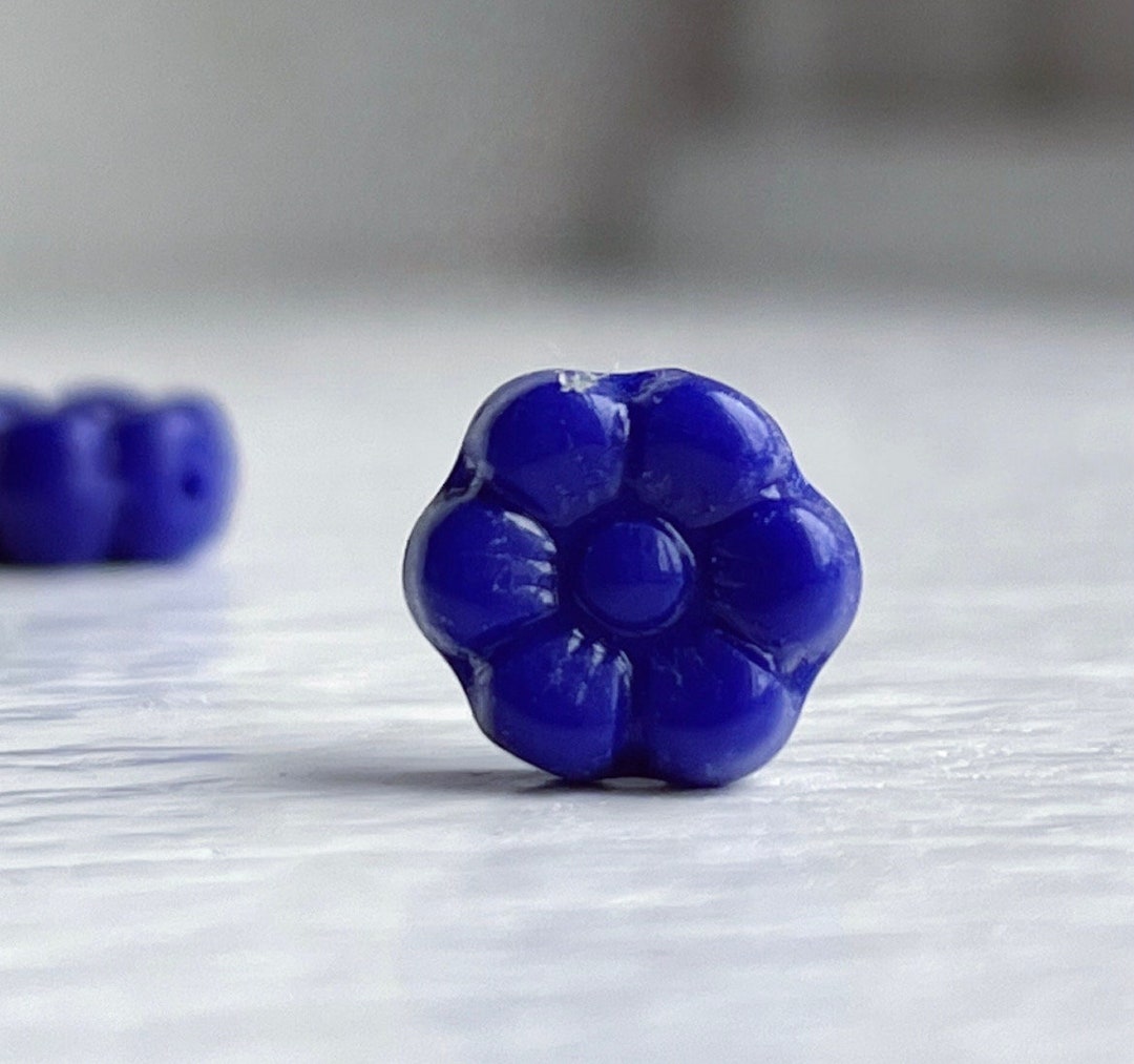 Vintage Czech Glass Pressed Beads - Flat Blue Rose Flower Colonial Style #1670