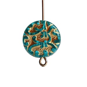 Teal Gold Acrylic Carved Coin Beads 14mm (12)