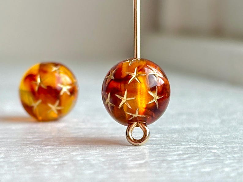Tortoise Topaz Gold Star Acrylic Round Beads Tortoiseshell 10mm (20) image 2