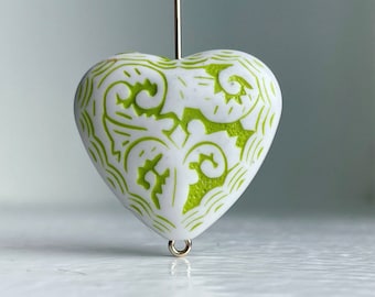 Green White Etched Carved Heart Opaque Acrylic Beads 30mm (6)