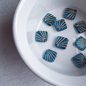 Vintage Czech Glass Flat Diafan Fan Beads Cerulean Blue Gold 17mm 8 Deco Style image 4