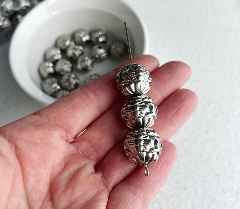 Silver Carved Acrylic Etched Ornate Round Beads 17mm 12 image 5