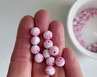 Pink White Etched Round Swirled Acrylic Beads 8mm (30)