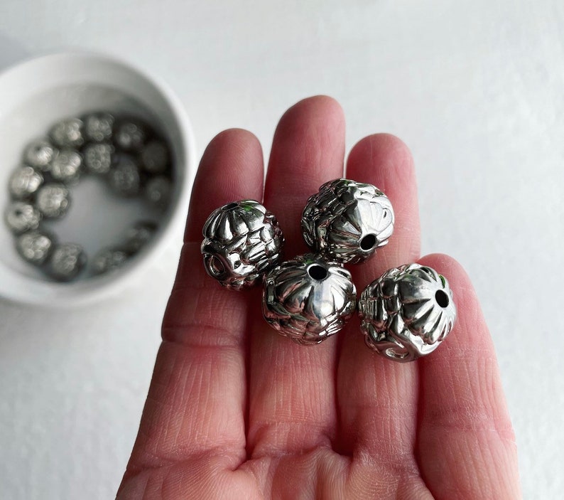 Silver Carved Acrylic Etched Ornate Round Beads 17mm 12 image 6