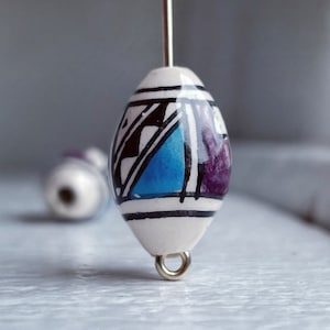 Hand Painted Peruvian Ceramic Porcelain Oval Beads Blue Purple Black 18x11mm (6)