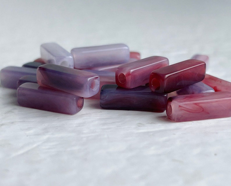 Vintage Lucite Rectangle Tube Beads Marbled Amethyst Purple White 13mm 30 beads image 4