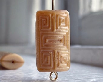 Vintage Czech Glass Carved Tan Beige Rectangle Beads 22mm (4)