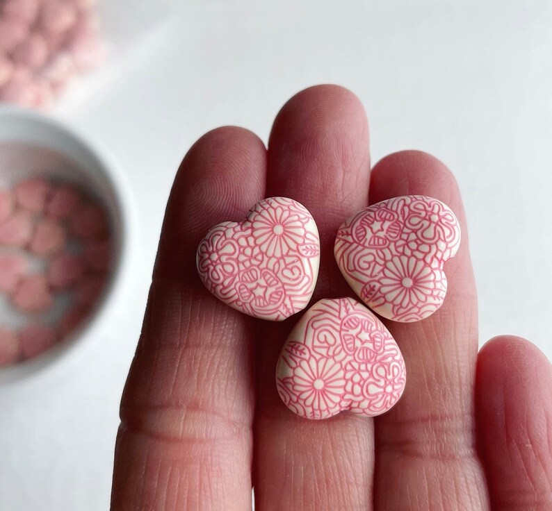 Pink Ivory Etched Heart Opaque Acrylic Beads 16mm 8 image 2