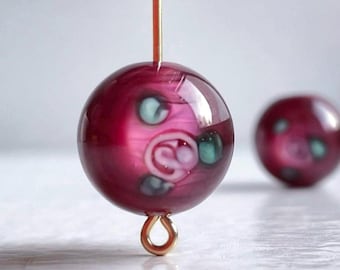 Vintage Glass Lampwork Beads Floral Deep Rose Pink Green Japan 14mm (2 Beads)