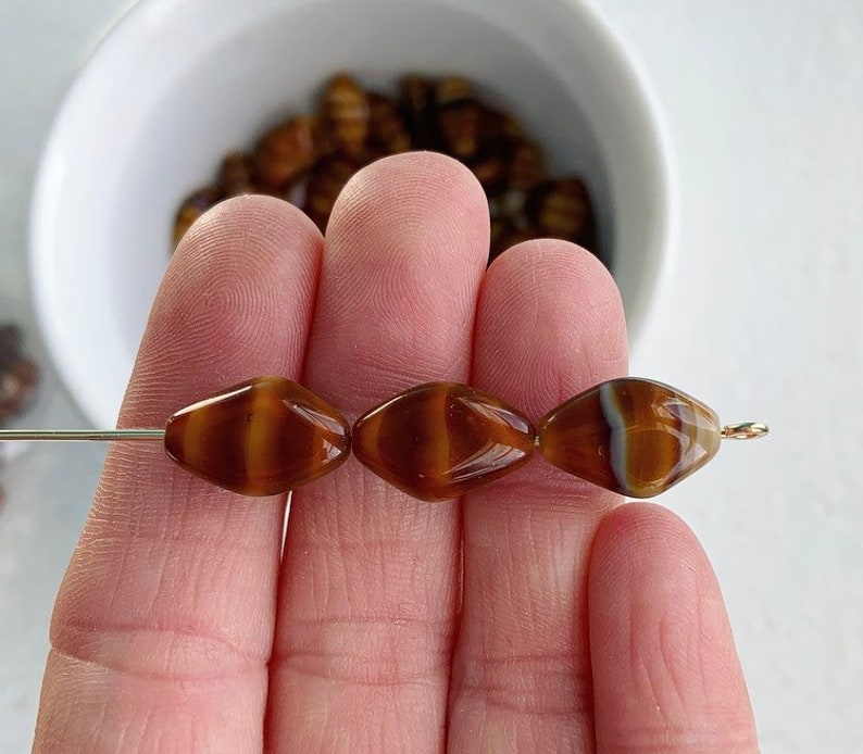 Vintage Czech Glass Beads Brown Cream Marbled Flat Bicone Tiger Eye 15mm 10